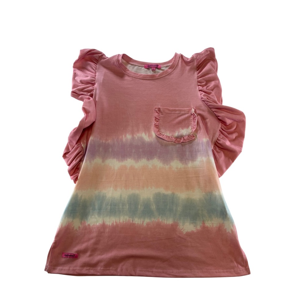 Simply Southern Girls Tie Dye Ruffle Sleeve Dress Pink Purple Size L